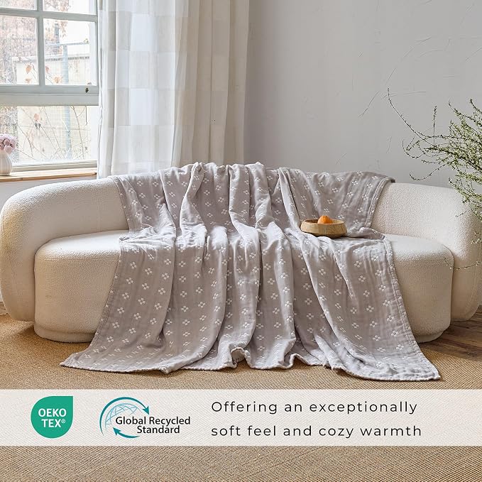 100% Cotton Muslin Blanket, Soft Reversible 4-Layer Gauze Cotton,Checkered Blanket for Couch Twin Size Bedspread Room Decor Pinic Blanket, 60"×80", Grey/Off White