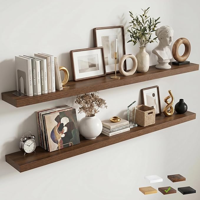 72 Inch Floating Shelves for Wall, 8"D Wood Storage Shelves, Walnut Finish | Engineered Wood, Invisible Bracket, Large Storage, Easy Install, Hold Up to 99lbs, Living Room, Bathroom, Bedroom, Kitchen