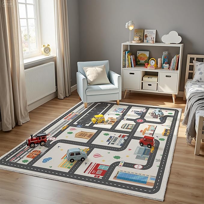 4x6ft Kids City Road Car Play Rug - Non-Slip Faux Wool Carpet with Interactive City Map Design, Educational Toy Vehicle Mat for Kids, Bedroom Playroom Nursery Gift.