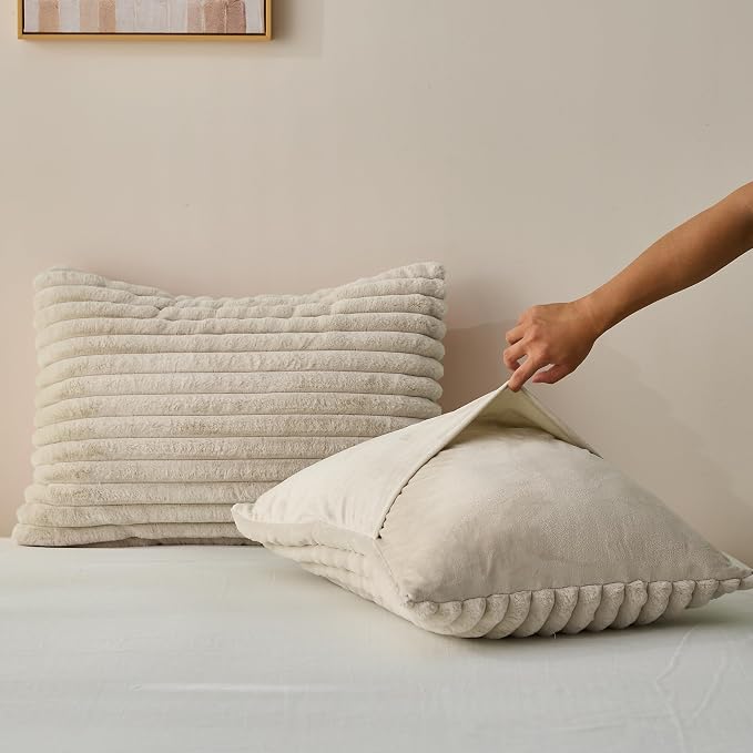 Simple&Opulence Fluffy Faux Fur Comforter Set, Plush Fuzzy Minky Bedding Set, 3 Pieces Warm Soft Comforter Bedding Set for Winter - 1 Shaggy Comforter with 2 Pillow Shams(King, Striped - Khaki)