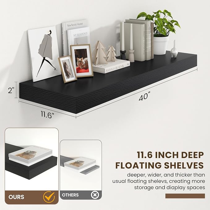 FLYJOE Deep Floating Shelves | 40 Inch Black Floating Shelves Set of 2 | 12 Inch Deep Wood Wall Shelves | 40" W x 12" D Black Shelves for Bathroom Living Room Kitchen Laundry Room