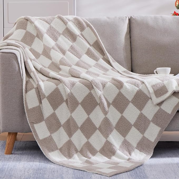 WRENSONGE Soft Checkered Throw Blanket for Couch-Cozy Warm Knitted Blankets | Lightweight Warm Fluffy Decor for Women, Mom, Her & Girls, Sofa, Chair, Bed, 50x60in,Taupe