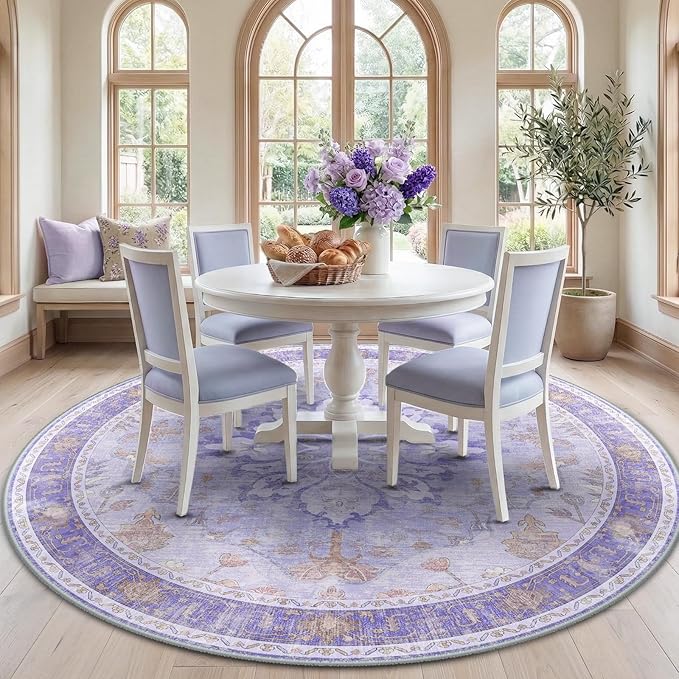 RELEANY Area Rugs Round 7ft Washable Non-Slip, Floral Vintage Distress Print Pattern Medallion Carpet for Living Room Bedroom Dining Room, Light Purple Brown
