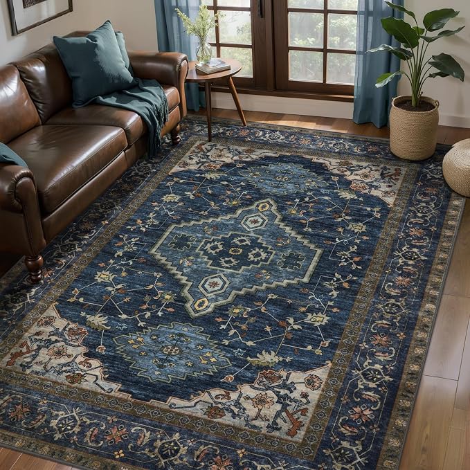 Tangsoo Washable Rug 4x6 Area Rug, Oriental Rug Indoor for Living Room, Non Slip Machine Washable Large Rugs, Soft Print Carpet for Bedroom Dining Room Dorm Office Dark Blue