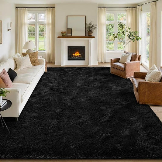 FinRèc 9x12 Feet Black Rugs for Living Room Bedroom, Fluffy Shaggy Area Rug, Non-Slip Soft Shag Rug for Nursery Kids Room Dorm Room Home Decor, Indoor Plush Floor Carpet
