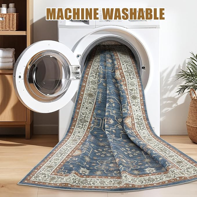 7x9 Area Rug for Living Room- Machine Washable Soft Oriental Vintage Large Indoor Floor Carpet for Bedroom Under Dining Table Home Office Decor - Dark Blue