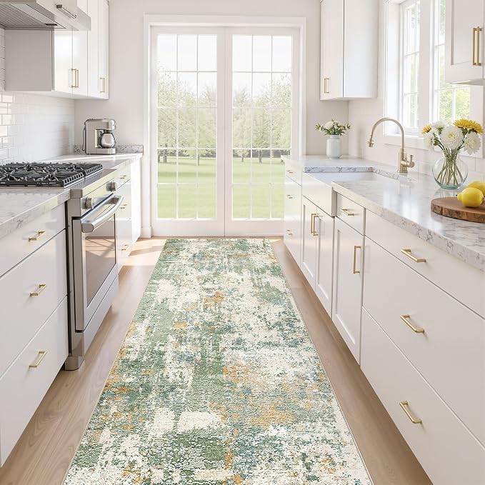 Runner Rug Kitchen Washable Rugs: 3x10 Non-Slip Abstract Soft Modern Stain Resistant Indoor Floor Neutral Accent Throw Carpet for Hallway Bathroom Laundry Room Entryway Bedroom- Green