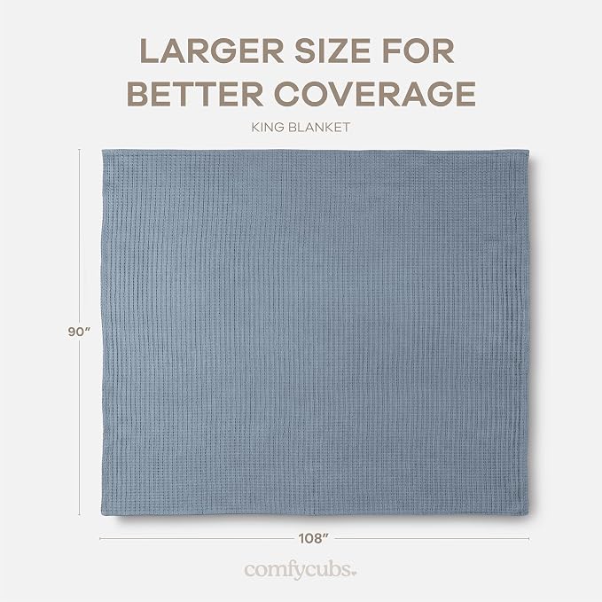 Comfy Cubs Waffle Blanket King, 108" x 90" - 100% Cotton Lightweight Breathable Bed Blanket - Soft Textured Thermal Weave for All Seasons – Decorative Cozy Layer for Couch, Sofa, or Bed - Pacific Blue