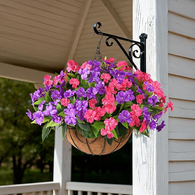 Artificial Impatiens Flowers for Outdoors, 6 Bundles Silk Fake Flowers for Spring Summer Decoration, UV Resistant Faux Plants Plastic Bouquet for Home Planter Porch Patio Yard Decor(Purple Rose Red)