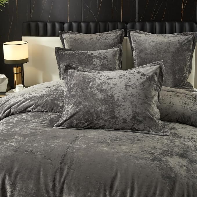 Ivellow Crushed Velvet Comforter Set Queen, Lightweight Comforter Set, 5pcs Ultra Soft Breathable Grey Comforter Set, Luxury Cozy Flannel Comforter Queen Size (1 Comforter,2 Pillow Shams, 2 Euro Shams