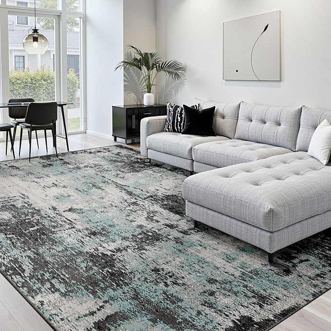 RELEANY Washable Area Rugs 10'x14 Non-Slip Modern Abstract Soft for Living Room Entryway Bedroom Nursery, Print Pattern, Blue Black Teal