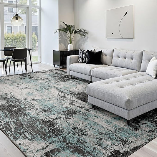 RELEANY Washable Area Rugs 10'x14 Non-Slip Modern Abstract Soft for Living Room Entryway Bedroom Nursery, Print Pattern, Blue Black Teal