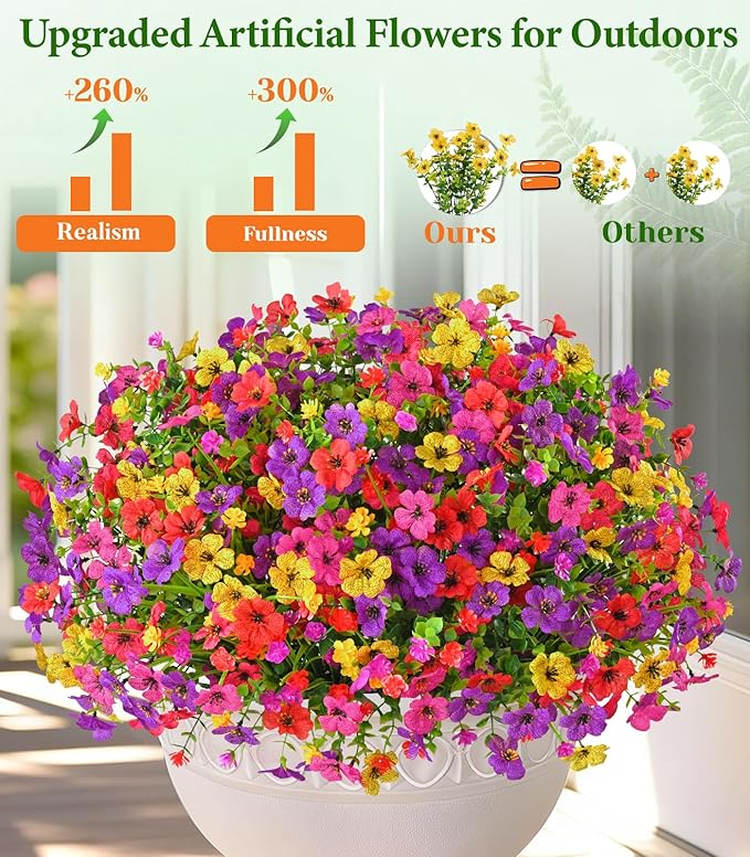 Yastouay Artificial Flowers for Outdoors, 14 Bundles UV Resistant Artificial Outdoor Flowers, Realistic Fake Outdoor Flowers Plant Faux Flowers for Outdoor Planters Front Porch Patio Window Box