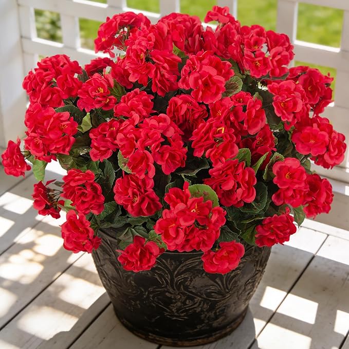 Ammyoo Artificial Geranium Flowers for Outdoors Decoration, Fake Silk Geraniums Flower UV Resistant Look Real Faux Plants for Spring Garden Porch Planter Patio Balcony Yard Table Centerpieces Decor