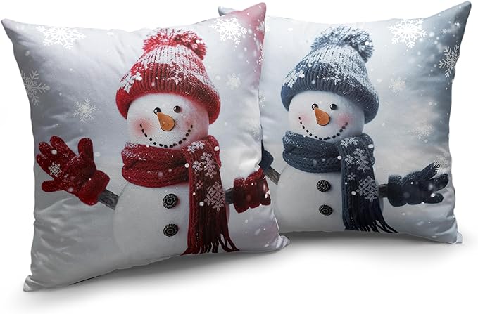 Red and Blue Snowman Pillow Covers Set of 2 Winter Holiday Throw Pillow Covers 20x20 for Christmas Decorations Living Room Sofa Cotton Linen Pillow Case