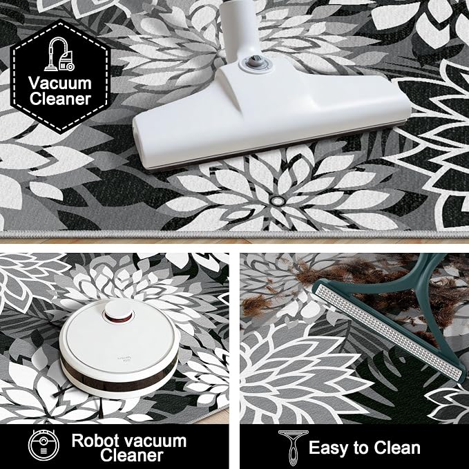 2x6 Washable Runner Rug for Hallway Tropical Botanical Modern Floral Chenille Kitchen Rugs Low Pile Non Slip Carpet for Patio, Bedroom, Laundry, Black
