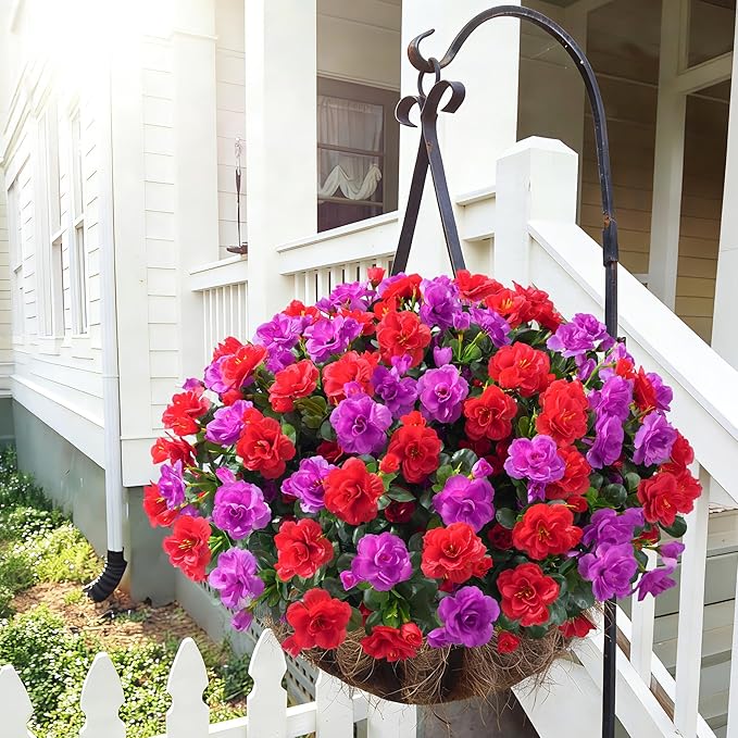 Artificial Faux Outdoor Flowers Plants for Spring Summer Decoration, Fake Silk Camellia UV Resistant Look Real for Planter Outside Front Door Porch Patio Balcony, 3 Large Bundles (Red+Fuchsia)