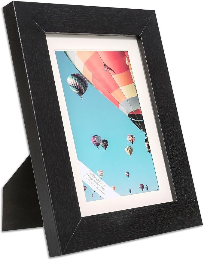 The Display Guys - Black Wooden Minimalist Picture Frames Set - Tempered Glass - 5x7 matted to 4x6 - Tabletop Easel - 6-Pack