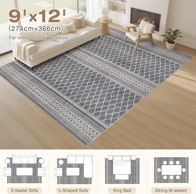 cotiled 9x12 Area Rug Living Room: Washable Boho Rugs with Non Slip Backing Large Soft Indoor Stain Resistant Carpet for Bedroom Farmhouse Dining Room Lightweight Home Decor Charcoal Grey