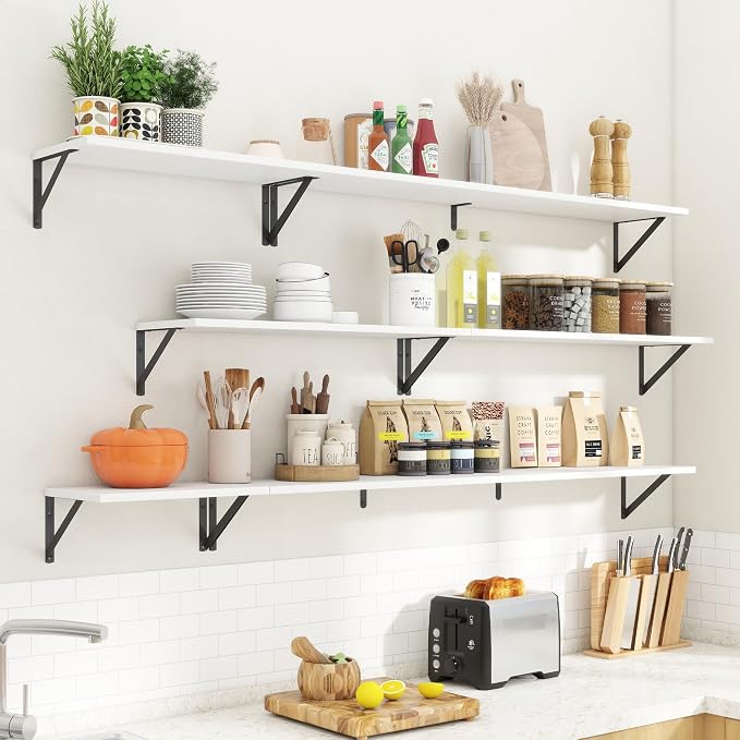 Acovy Floating Shelves with Black Metal Brackets Set of 2,30" Wx8 D Wall Mounted Shelves Floating Bookshelf,Hanging Storage Shelf for Living Room,Bedroom,Bathroom,Office,White