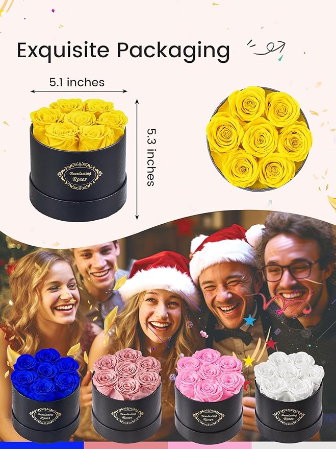 Beaulasting Long Lasting Preserved Roses in a Box Last a Year Forever Flowers for Her Mom Wife Anniversary Birthday (Round Black Box, Yellow)