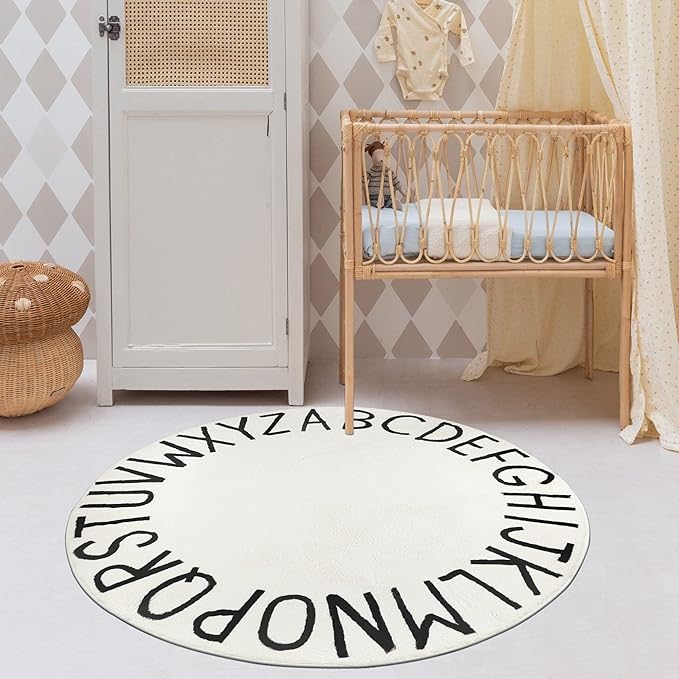 Topotdor Round Kids Play Rug Alphabet Nursery Area Rug Extra Large Soft Crawling Play Mat for Children Toddlers Bedroom (47 inch, White)