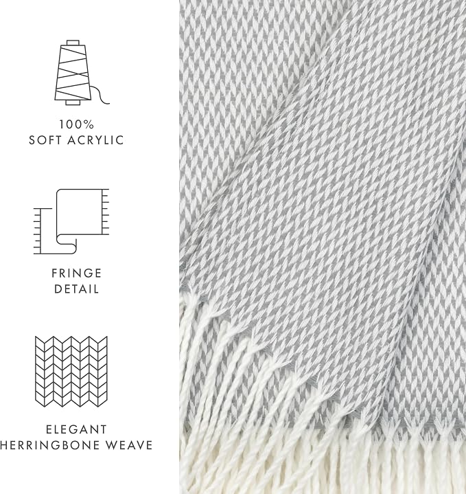 Linen Market Beddings Elevate Your Comfort with Herringbone Throw Blanket - Luxurious Woven Ultra Soft Acrylic - Sized 50" W x 60" L - Fringed Edges - Lightweight Layer for Bed or Sofa (Gray)