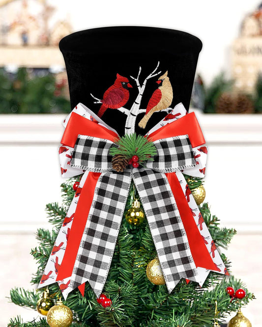 Cardinal Christmas Tree Topper Top Hat with Buffalo Plaid Check Bows Xmas Couple Cardinals on Tree Ornament Winter Holidays Home Decoration Memorial Sympathy Gift for Him Her