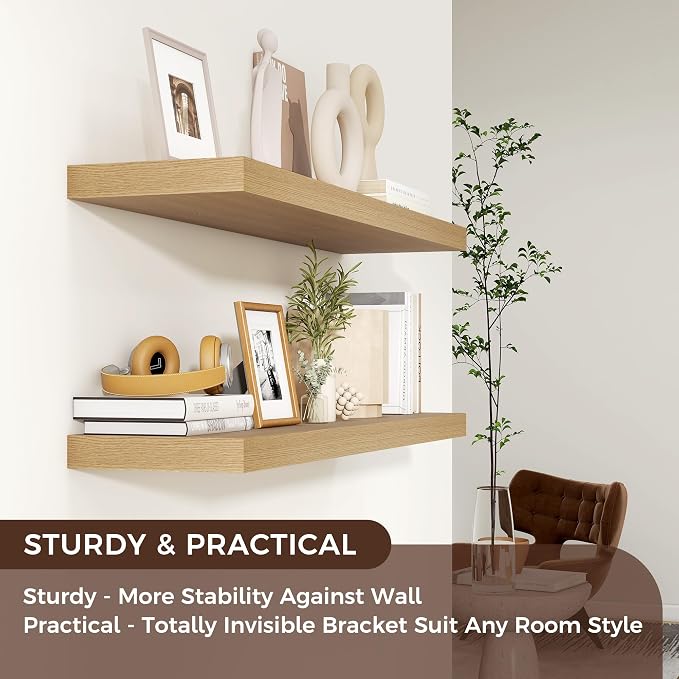 Venusmiles 36" Wide x 8" Deep Floating Shelves for Wall, Oak Finish, 2-Pack | Engineered Wood Wall Shelves with Invisible Brackets for Living Room, Bedroom, Bathroom, Office & Kitchen Storage