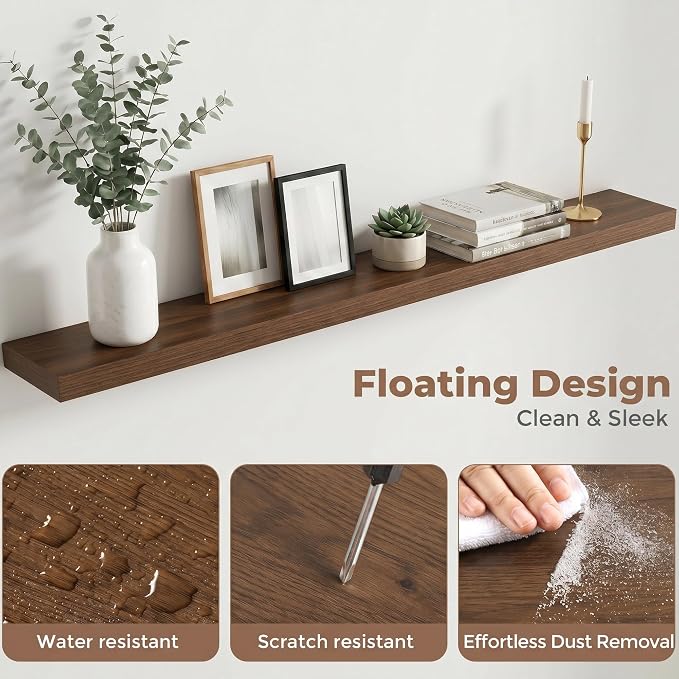 Venusmiles Floating Shelves for Wall, 55 Inch Floating Shelves Set of 2, 6.5" D Wooden Wall Mounted Display Shelves with Invisible Brackets for Living Room, Bedroom, Bathroom, Kitchen Decor, Walnut