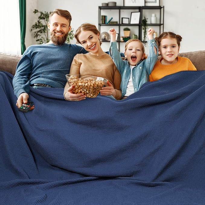 PHF 100% Cotton Waffle Weave Family Blanket Oversized King 120"*120", Pre-Washed Lightweight Breathable, Machine Washable,10'x 10' Huge Extra Large Big, Home Decoration Gift - Navy Blue/Bright Blue