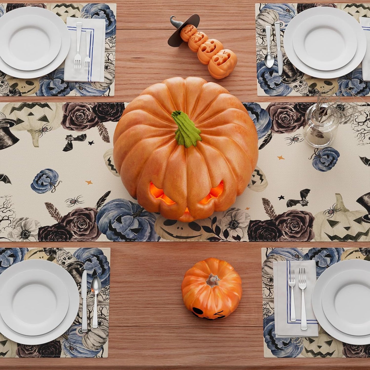 XCHI Spooky Blue Pumpkin Halloween Table Runner Party Table Decoration for Home Kitchen Dining Holiday Decor 13x90 Inch