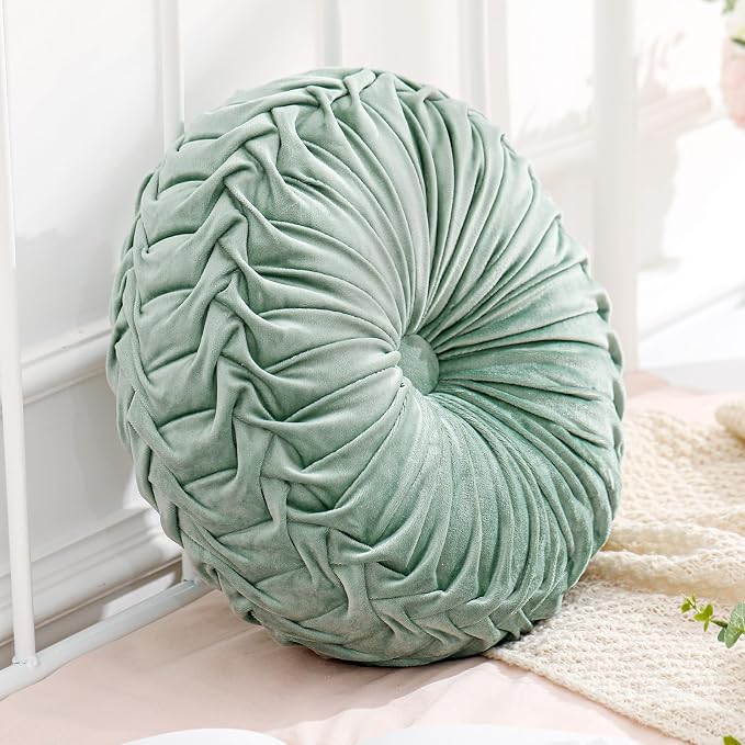 Drydiet 1 Pcs Round Throw Velvet Pillows Decorative Pleated Throw Pillows Diameter Accent Pumpkin Boho Chair Cushion for Couch Sofa Home Decoration (Sage Green,15'')