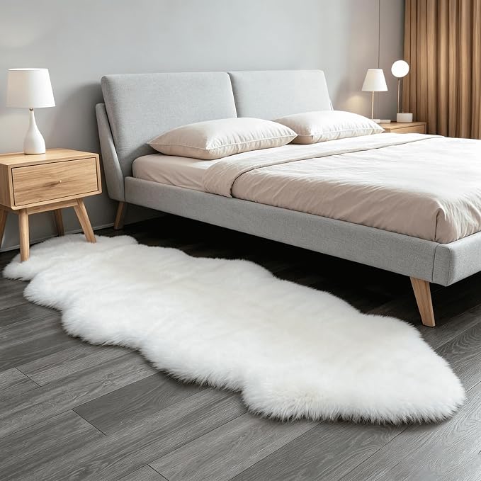 AOGELAN Genuine Sheepskin Rug with Little Patches, Real Shaggy Fur Wool Sheep Skin Throw Pad for Bedroom Living Room Floor, Pray Pup Mat, Chair Sofa Seat Cover, Double Pelt Ivory White