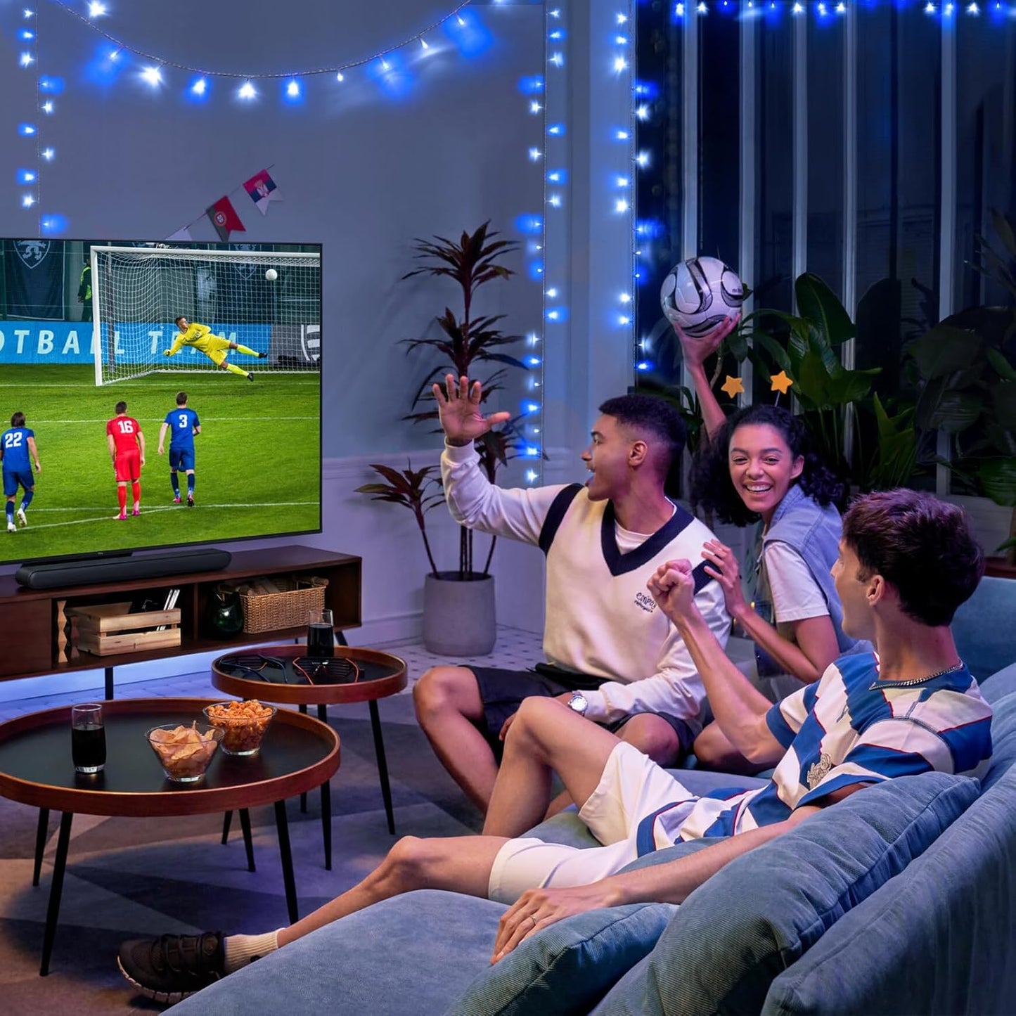 JMEXSUSS 2 Pack Blue and White Battery String Lights, Each 33ft 100 LED Battery Powered Christmas Lights with Remote for Outside Party Birthday