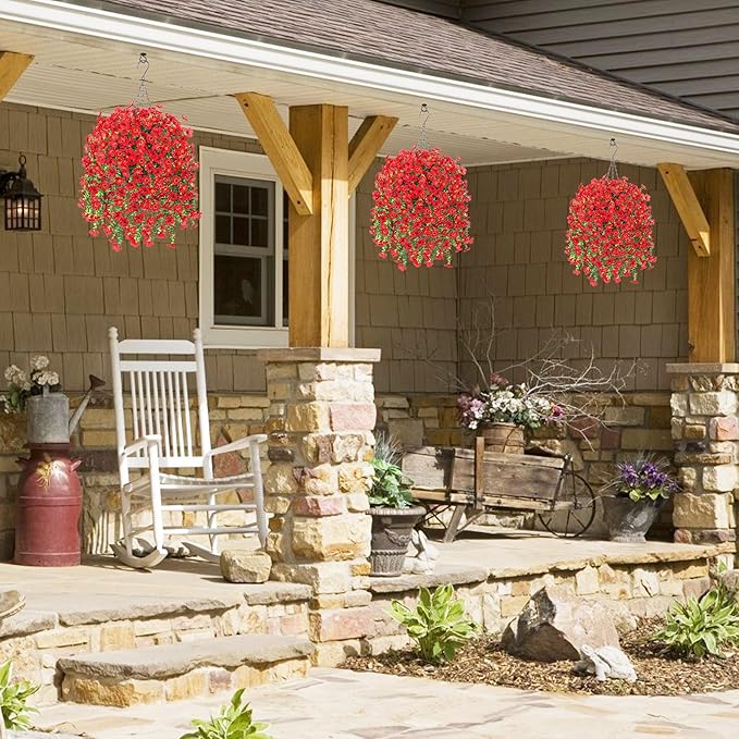 HyeFlora Artificial Hanging Flowers Basket for Outdoor, Fake Flowers Faux Plants Look Real for Yard Gardens Porch Patio Home (Red)
