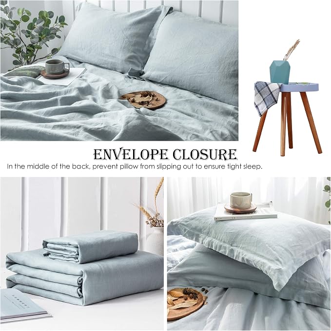 Simple&Opulence 100% Linen Duvet Cover Set 3pcs Basic Style Natural French Washed Flax Solid Color Soft Breathable Farmhouse Bedding with Button Closure - Dusty Blue, King
