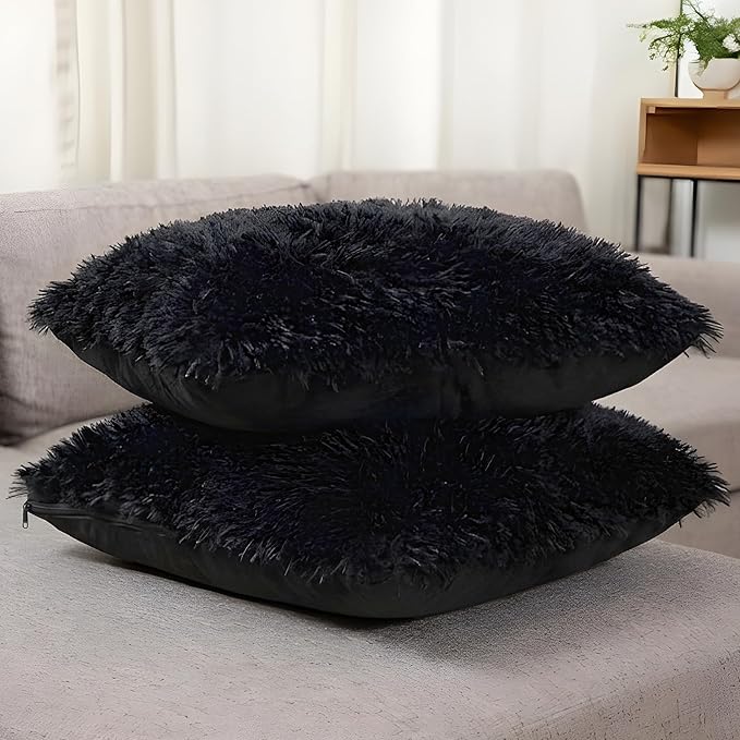 Cheer Collection Throw Pillows for Couch and Bed, Soft Shaggy Throw Pillows with Inserts Included, Cozy Long Hair Faux Fur Pillows - Set of 2-20" x 20" - Black