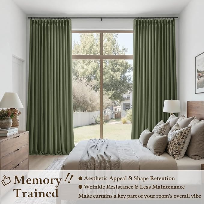 Olive Green Curtains 108 Inches Long 2 Panels Set Pinch Pleated Linen Drapes for Living Room Bedroom Neutral Boho Farmhouse Moody Back Tab Pinch Pleat Light Filtering Sheer Curtains 40x108 Length