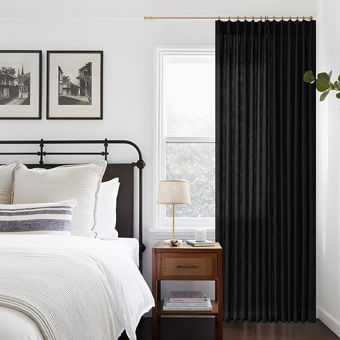 Extra Wide Curtains 70 Inch Width 84 Inches Long for Living Room Bedroom Light Filtering Semi Sheer Farmhouse Pleated Curtain Hooks Rings for Patio Sliding Door Large Window Black 1 Panel W70xL84