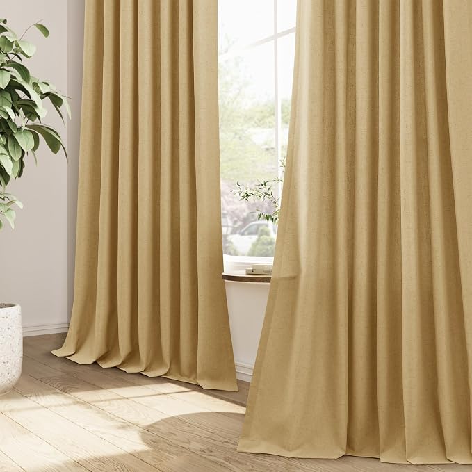 Gold Pinch Pleated Linen Curtains 90 Inches Long Heat Boho Farmhouse Country Semi Sheer Textured Linen Blended Light Filtering Curtain for Living Room Bedroom Pleated Drapes with Hooks Rings 40x90