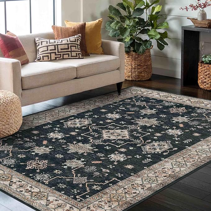 Rugxara Area Rugs for Living Room Bedroom, Washable Rug, Black Vintage Floral Boho Rug, Non Slip & Low Pile Faux Wool Accent Carpet for Indoor Dining Room, Kids Room and Office(Black 4x6ft)