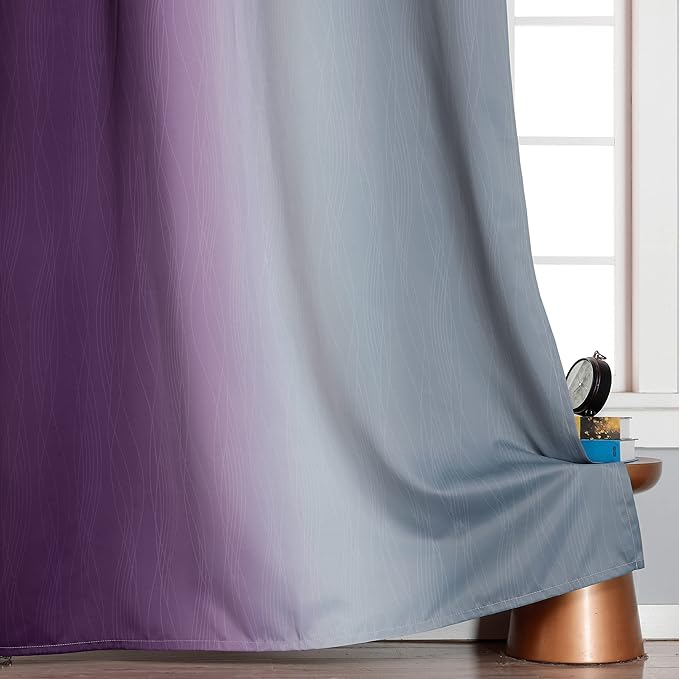 Ombre Purple and Gray Blackout Curtains 63 Inch Length 2 panels, Full Room Darkening Grommet Thermal Insulated Gradient Drapes for Girls Room, Full Light Blocking Curtains for Bedroom, 52x63 Inch