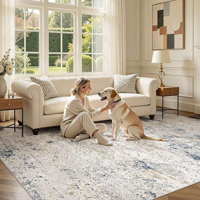 Area Rug Living Room Rugs - 9x12 Abstract Large Soft Indoor Washable Rug Neutral Modern Low Pile Carpet for Bedroom Dining Room Farmhouse Home Office - Beige Blue