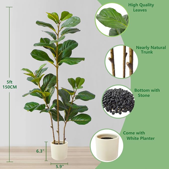 Warmplants Artificial Fiddle Leaf Fig Tree, 5ft Tall Fake Ficus Lyrata Tree with White Planter, Faux Fig Plant for Indoor Home Office Living Room Décor