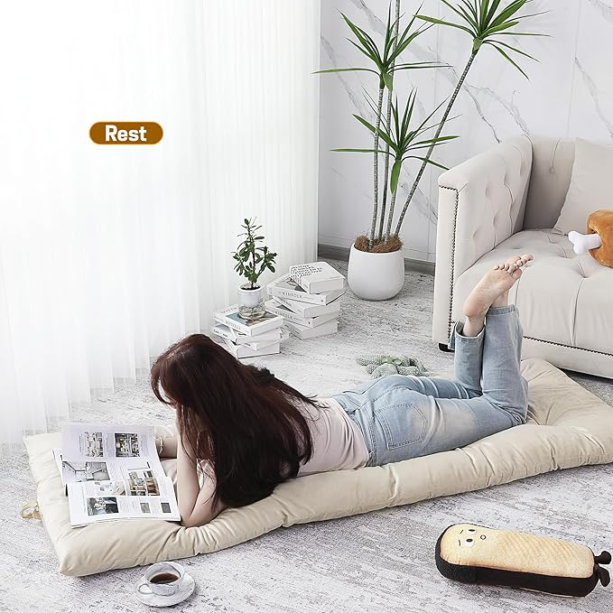 BALAPET Floor Lounger Pillow,Foldable Light Thick Tufted Floor Pillow Cushion with Elasticized Webbing for Easy Storage Floor Lounger for Meditation, Playing, Yoga, Reading, Sleeping(Beige White)