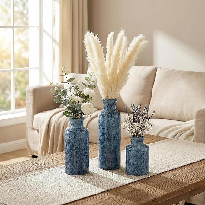 CwlwGO-Blue Ceramic Vases Set,Small Vase Sets,Farmhouse Country Vases Home Decor,Living Room Table Decoration,Shelf Decor,and Entrance Decoration Centerpieces.