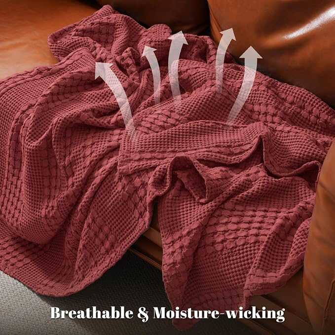 PHF 100% Cotton Waffle Blanket Twin Size for College Dorm, Lightweight Breathable and Soft for Summer, Luxury Aesthetic Waffle Weave Blanket for Bed & Gifts for Women, 66"x90", Wine Red