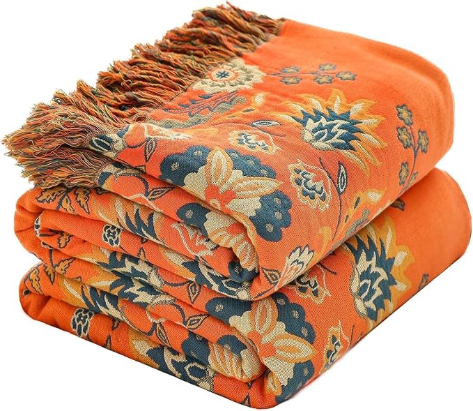 Boho Throw Blanket for Chair, 100% Cotton Woven Rustic Quilt with Tassel 50”x60”, Super Soft Muslin Blanket with Floral, Decorative Reversible Bedspread/Sofa Cover for All Seasons- Orange