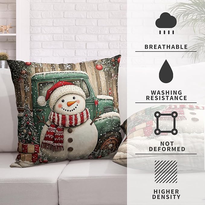 Christmas Snowman Pillow Covers 22x22 Set of 2 Green Xmas Truck Throw Pillow Covers Wooden Pattern Background Pillowcase Winter Holiday Cushion Case for Living Room Sofa Couch